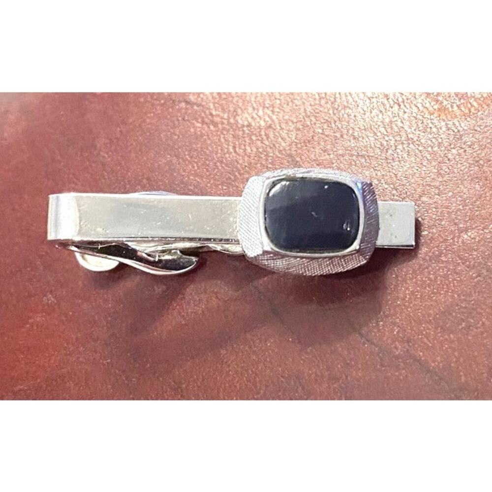 VTG Silver Tone Swank Tie Bar, Black Inset, 1 1/2"
